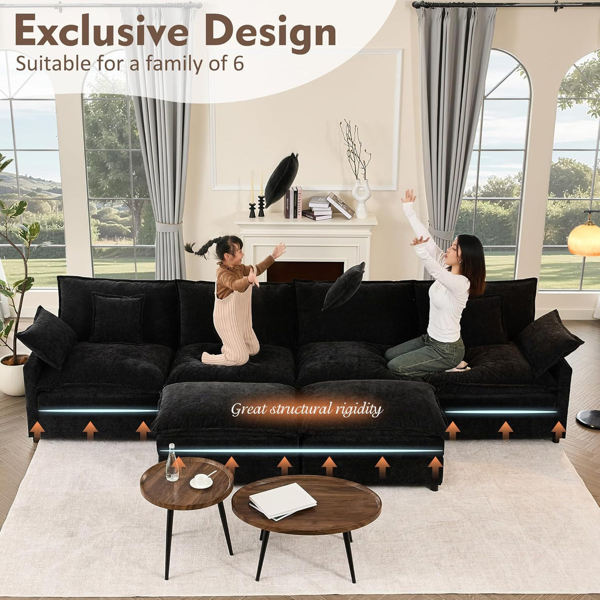 142.5" U Shaped Couch, Modular Sectional Sofa, 3-Seater Comfy Cloud Couch with Movable Ottoman