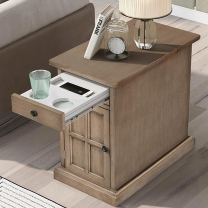Traditional Wood End Table with Charging Station, Modern Vintage Sofa Chair Side Table Nightstand