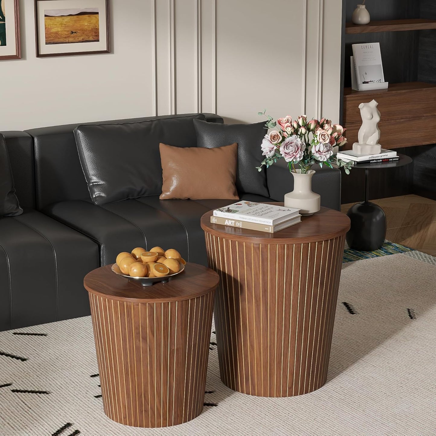 Round Coffee Table Set,2-Piece Modern Farmhouse Living Room End Table Set, Nesting Table Round