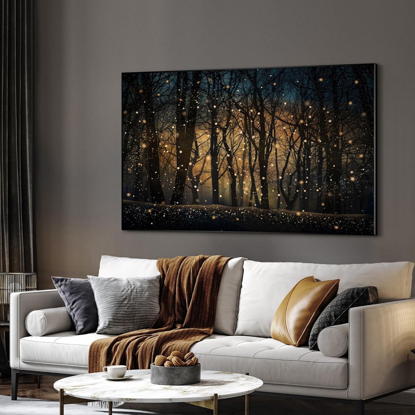 SIGNWIN 30"x60" Extra Large Framed Wall Art Magical Firefly Night Forest, Enchanted Woodland Scene