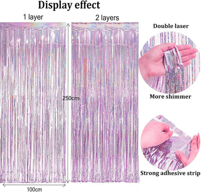 BRAVESHINE Pink Blue Tinsel Foil Fringe Curtains - 2Pcs 3.2x8.2ft Holidays Photo Streamers Backdrop