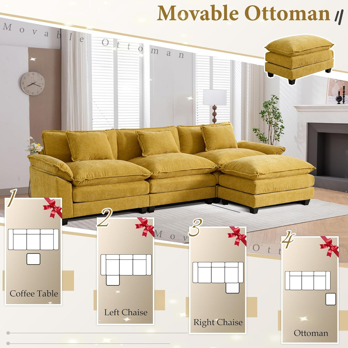 URRED Modular Sectional Sofa Comfy Cloud Couch, Modern Chenille Sofa Sleeper Deep Seat Couches with