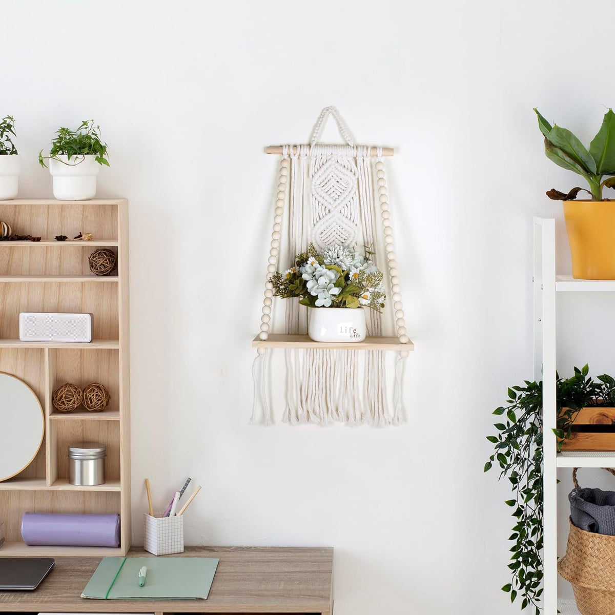 Wooden Macrame Wall Hanging w/Shelf & Sturdy Beaded Rope - Handmade Modern Living Room Decor