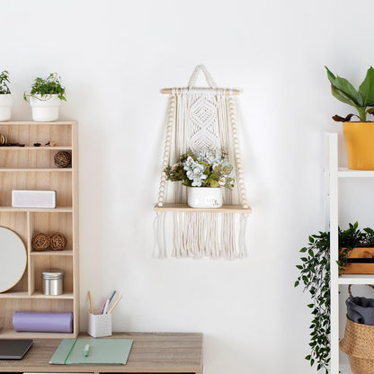 Wooden Macrame Wall Hanging w/Shelf & Sturdy Beaded Rope - Handmade Modern Living Room Decor