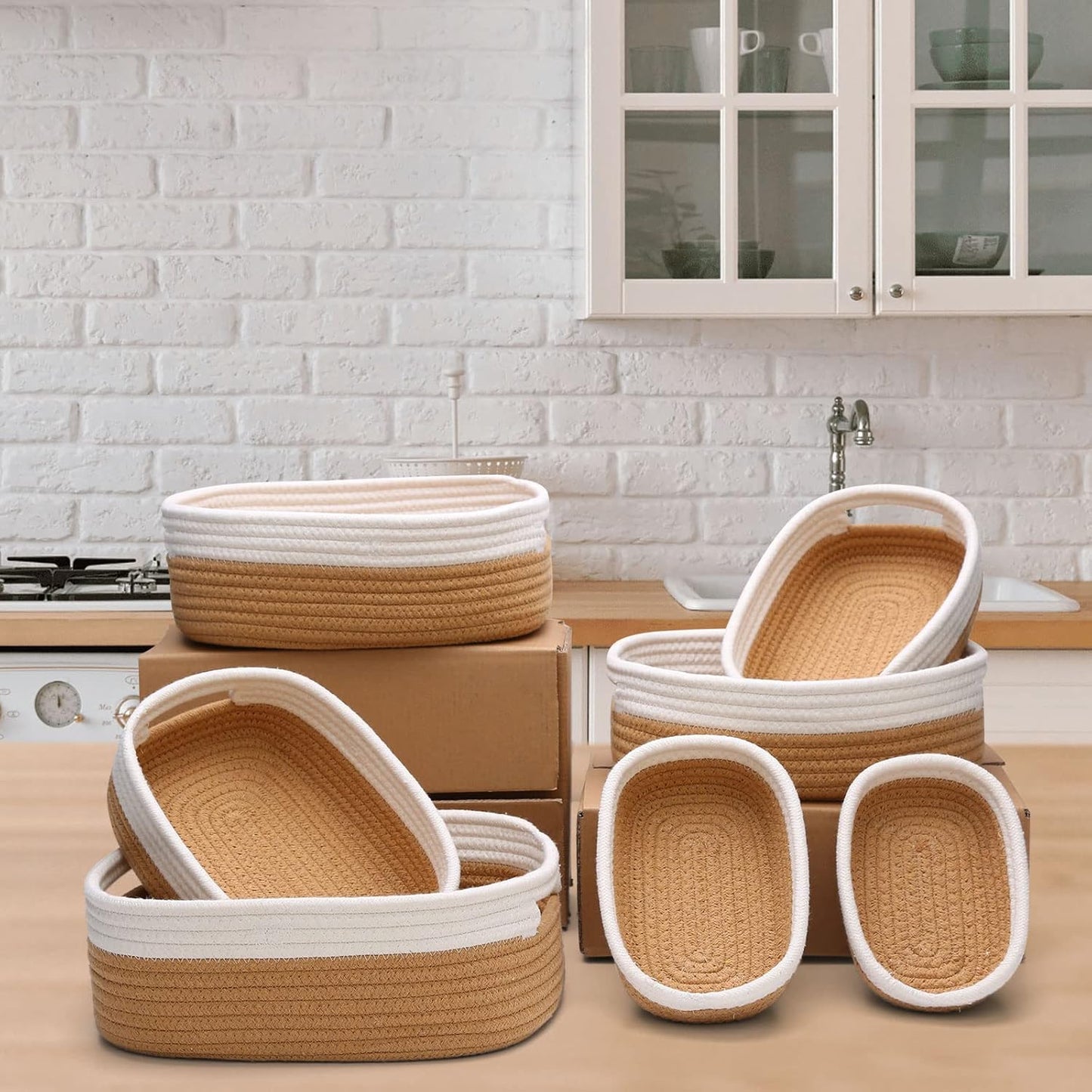 7 Piece Cotton Rope Woven Basket Set - Small Basket for Baby Nursery, Pets, Montessori, Dog & Cat