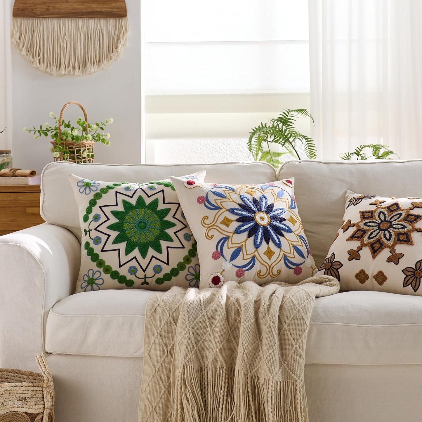 Embroidered Throw Pillow Cover 18x18 Classic Boho Floral Pattern Pillows Cover Outdoor Decorative