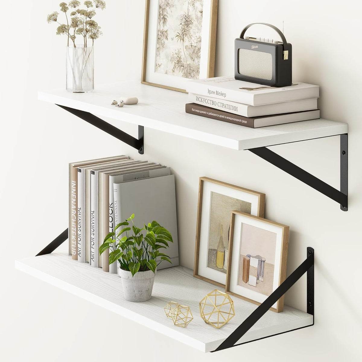 Fun Memories 27.5" W x10 D Floating Shelves, White Wall Shelf with Brackets, 10 Inch Deep Floating