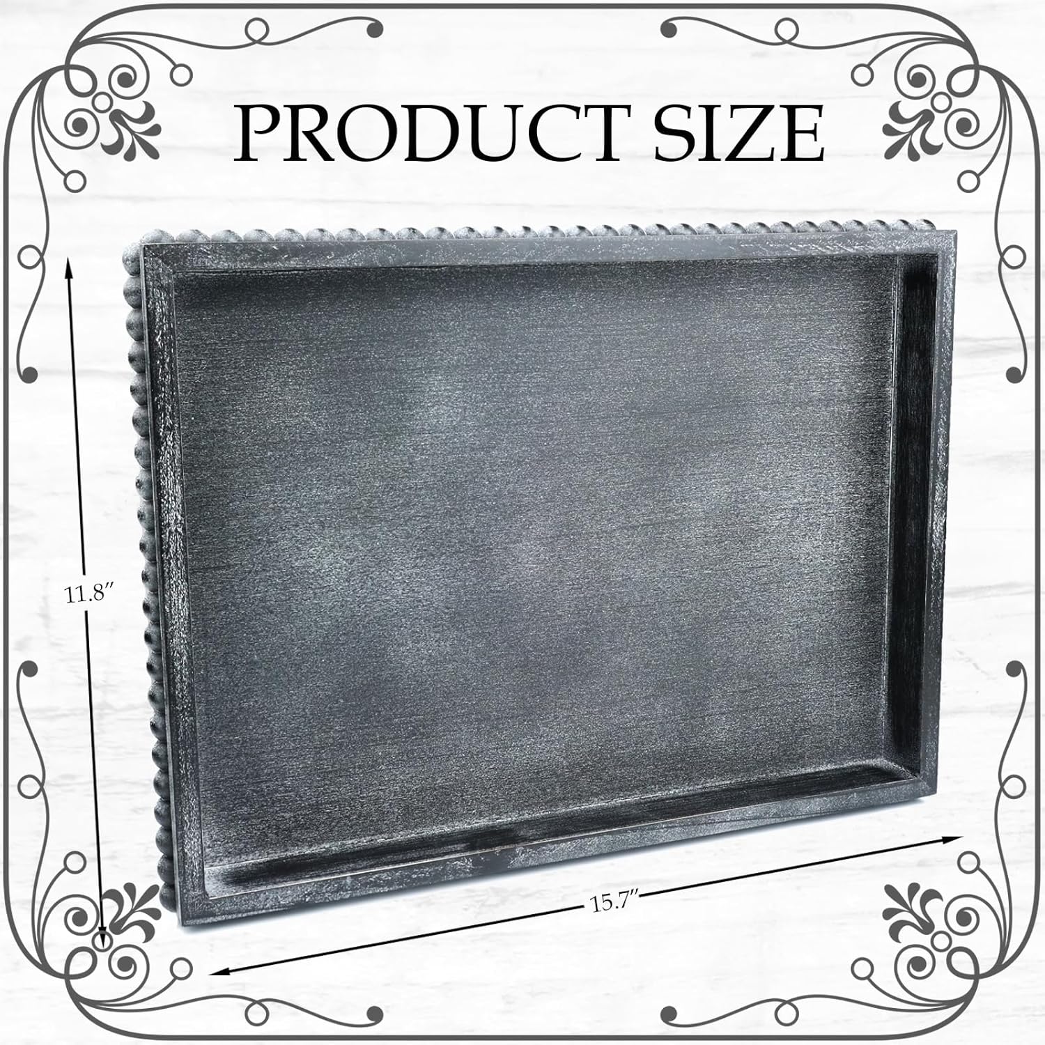 Rectangle Wood Serving Tray with Beads, Black Washed Wooden Decorative Tray for Entertaining