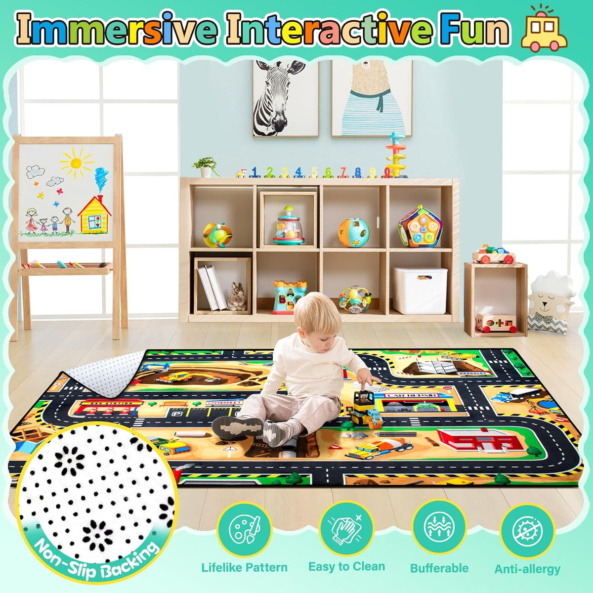 Kids 6x9 Ft Construction Site Play Rug, Baby Play Mat, Tufted Wool & Rubber, Non-Slip, Stain & Fade