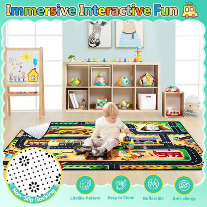 Kids 6x9 Ft Construction Site Play Rug, Baby Play Mat, Tufted Wool & Rubber, Non-Slip, Stain & Fade