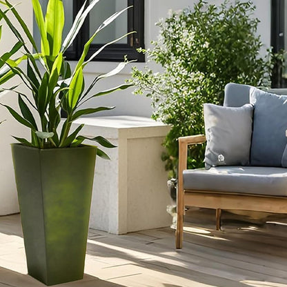 KOL 28''H. Tall Metal Planter with Saucer, Galvanized Steel Glazed Planter Pots with Drainage Hole