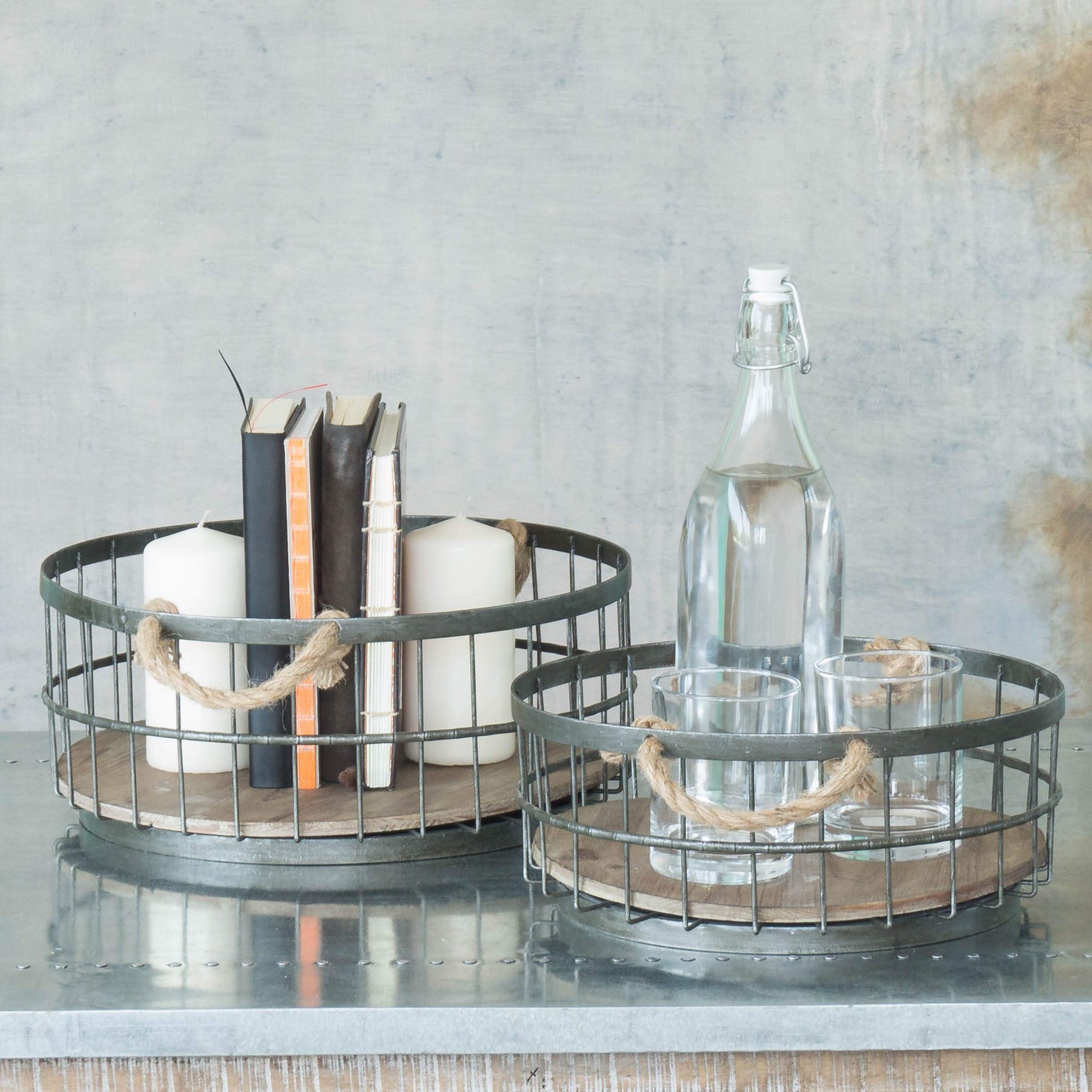 Stonebriar 2pc Round Stackable Metal Wire and Wood Basket Set with Rope Handles, Rustic Decor for