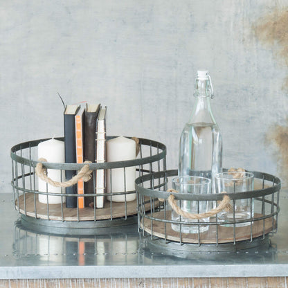 Stonebriar 2pc Round Stackable Metal Wire and Wood Basket Set with Rope Handles, Rustic Decor for