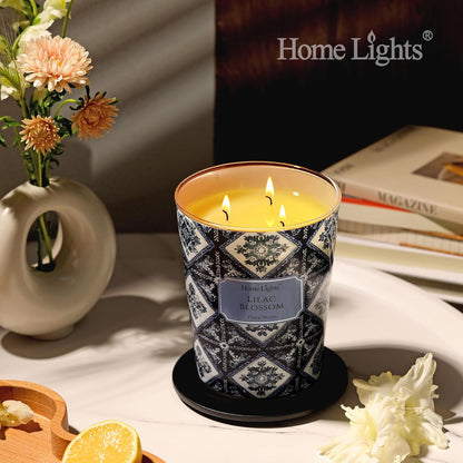 HomeLights Lilac Blossom Scented Candles | 34oz Soy Candles Bohemian Natural Textures 3-Wick Large