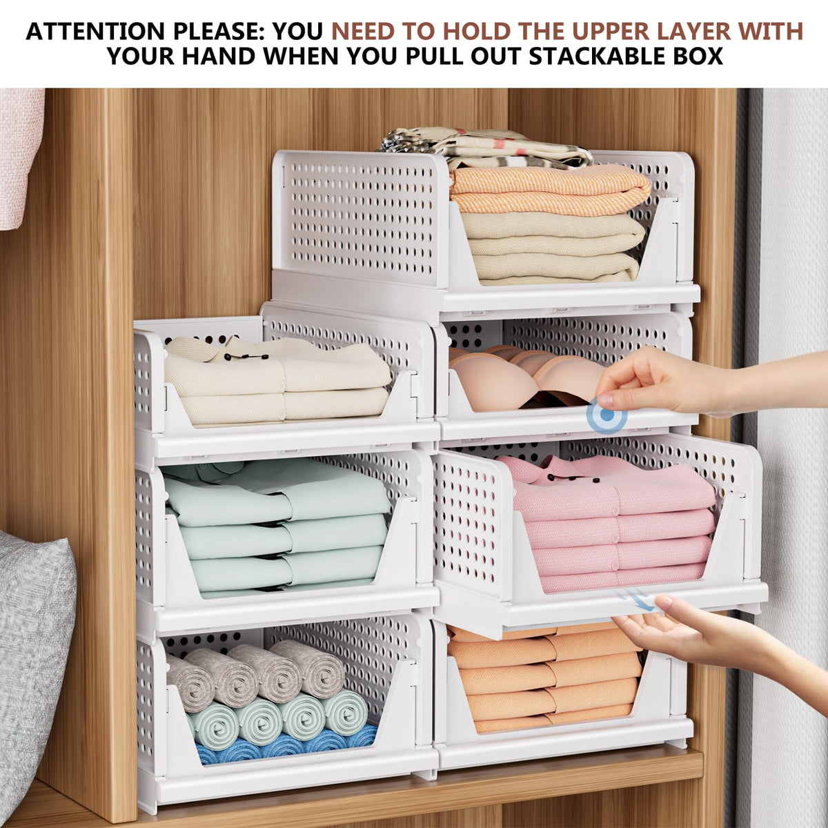 4 Pack Folding Closet Organizers Storage Box, Stackable Storage Bins, Plastic Drawer Basket Closet