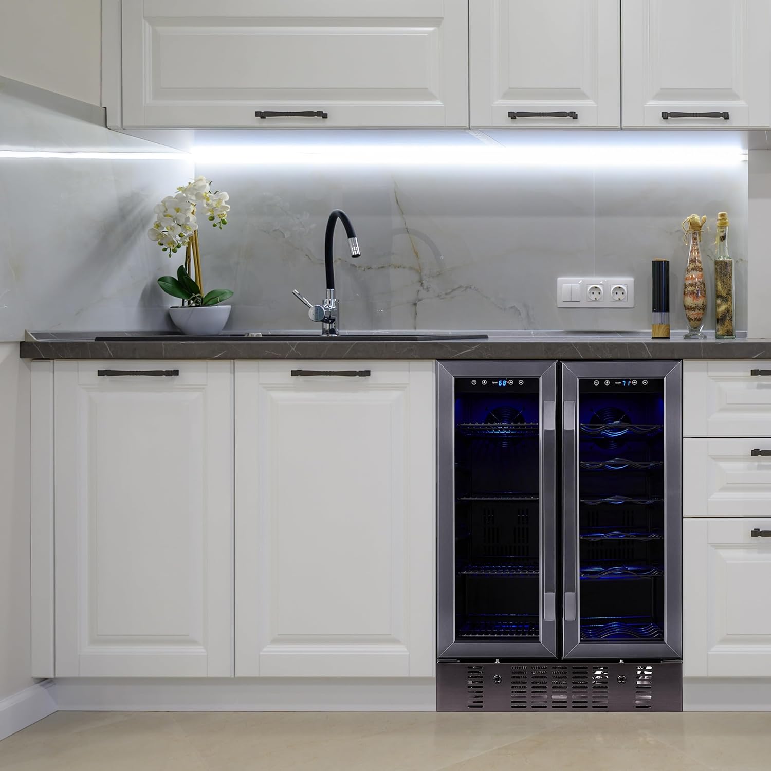 NewAir 24" Dual Zone Wine and Beverage Refrigerator, 18 Bottle & 58 Can, French Door Built-In