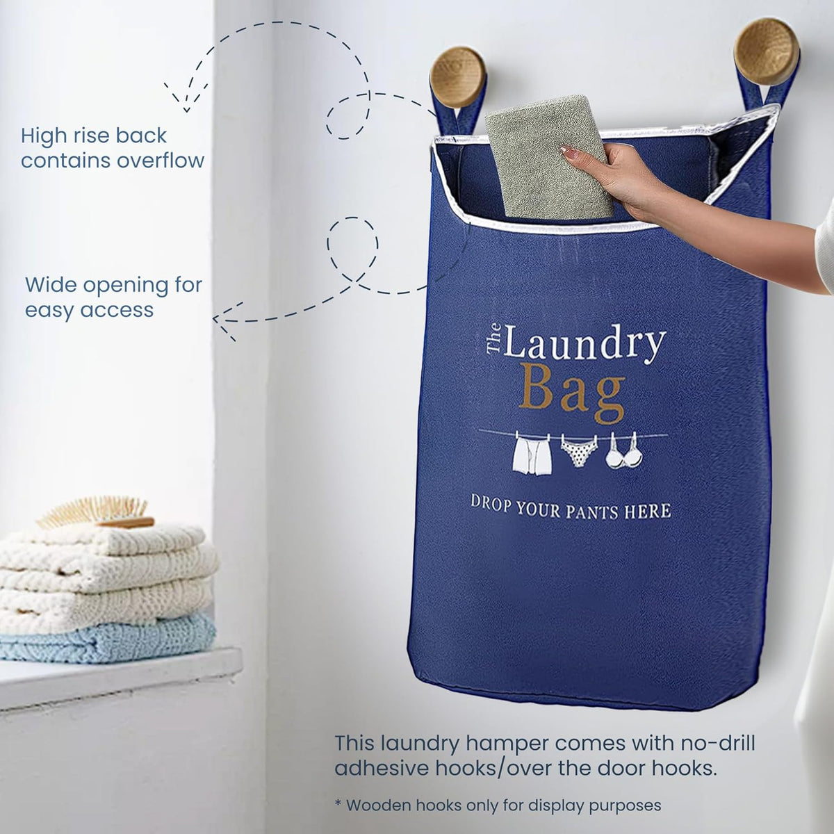 Fine Living Co. Large Hanging Laundry Hamper with Over Door Hooks & Adhesive, Durable Space Saving