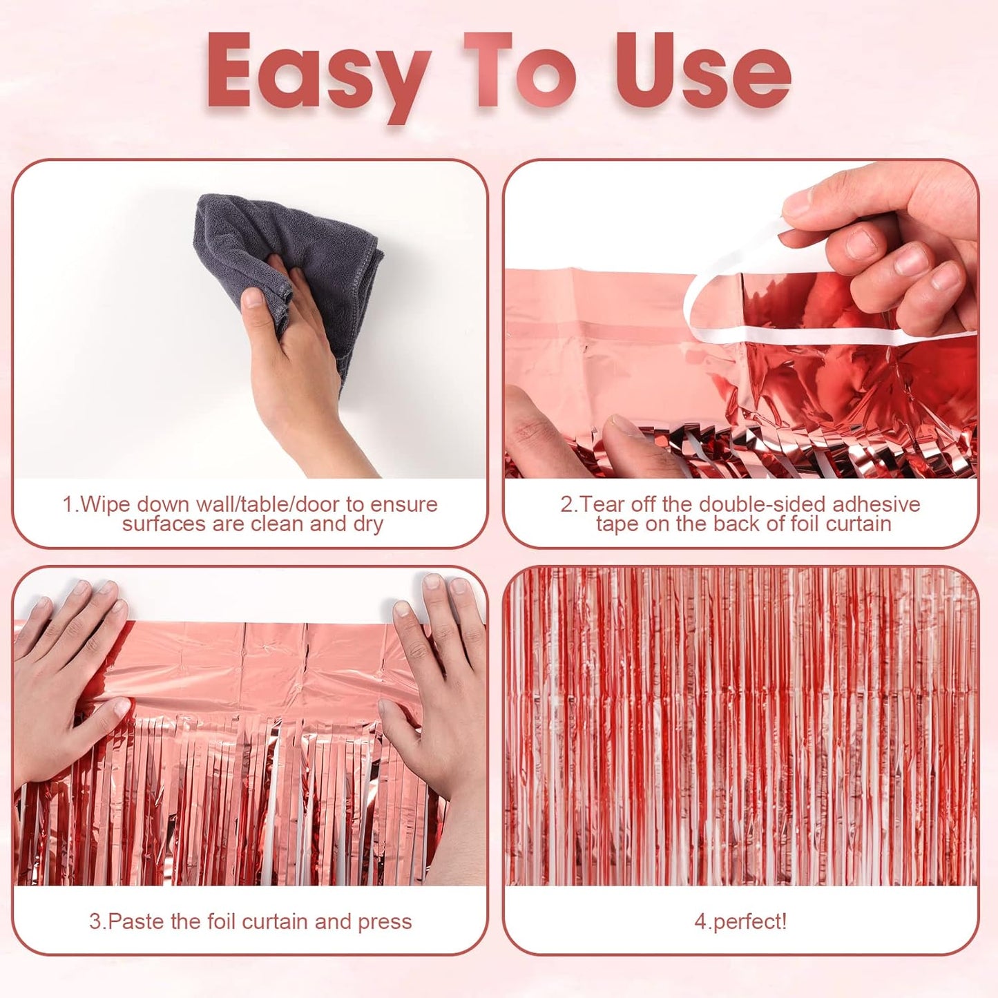 3 Pack 3.3x8.2 Feet Rose Gold Foil Fringe Backdrop Curtains, Tinsel Streamers Birthday Party