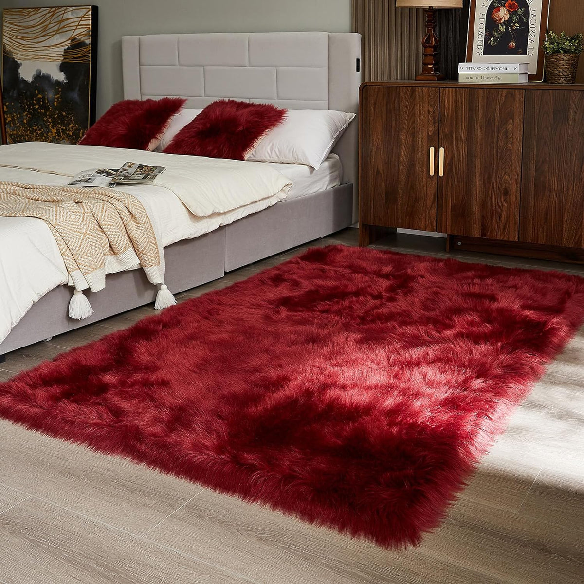 AMTOVO Faux Fur Sheepskin Rug for Living Room, 4 x 6 ft Burgundy Fluffy Area Rug for Bedroom