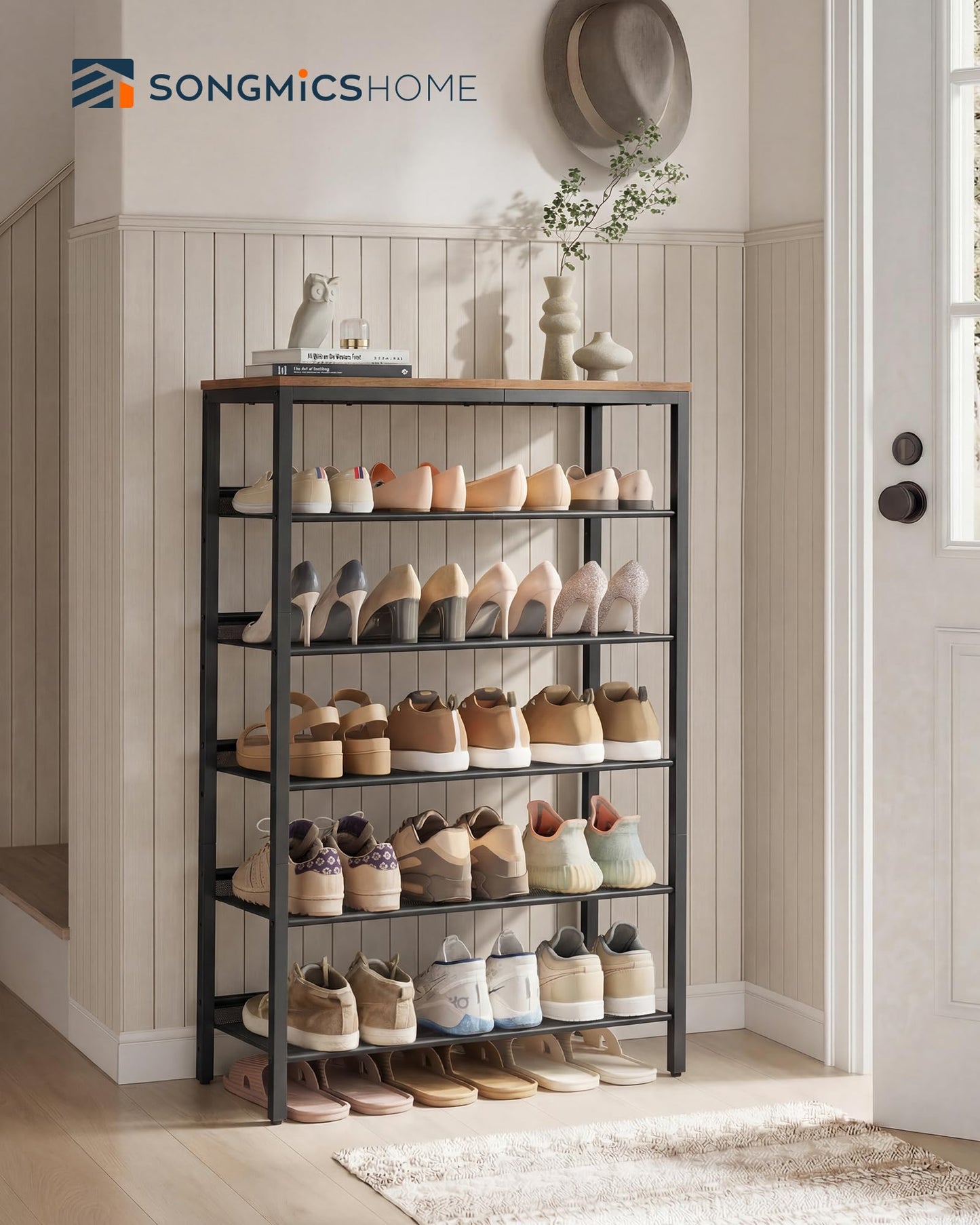 SONGMICS HOME 6 Tier Shoe Storage Organizer, Freestanding Shoe Rack, Dense Mesh, for Living Room