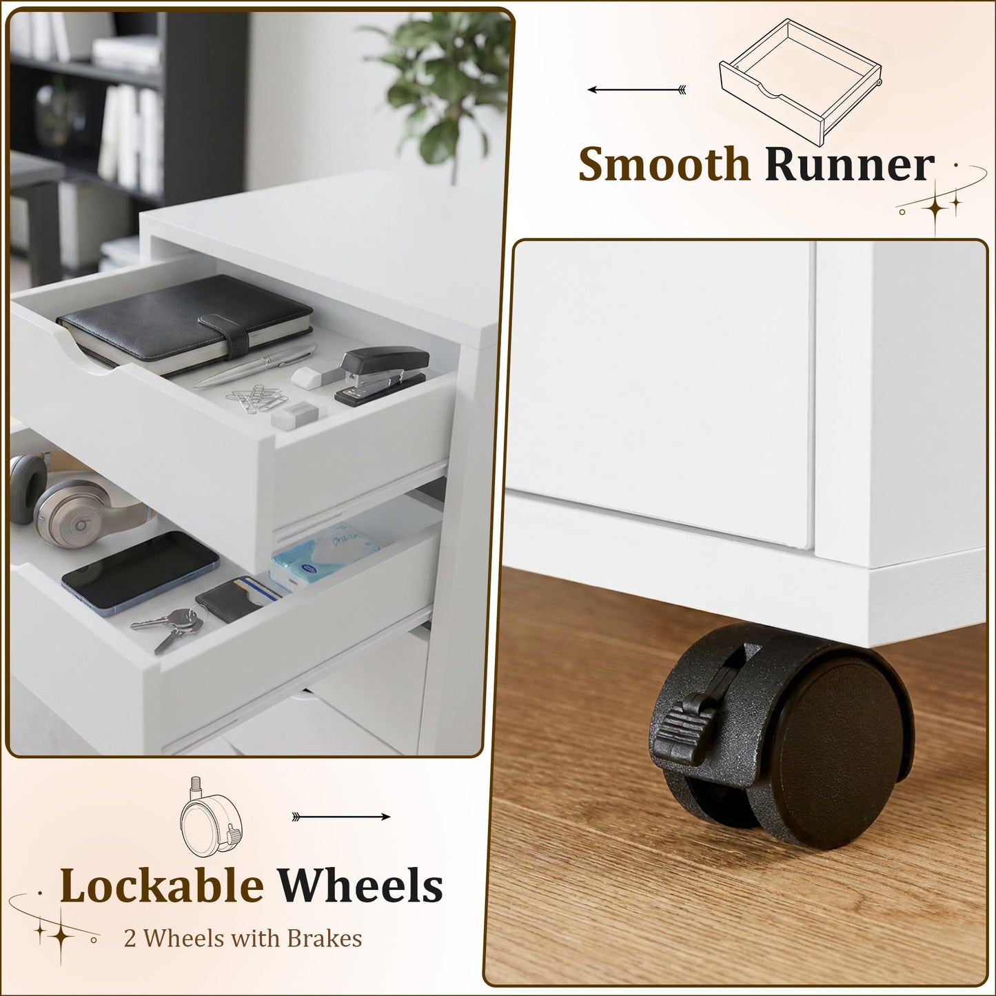5 Drawer Rolling Storage Cabinet, Mobile File Cabinet for Office, White