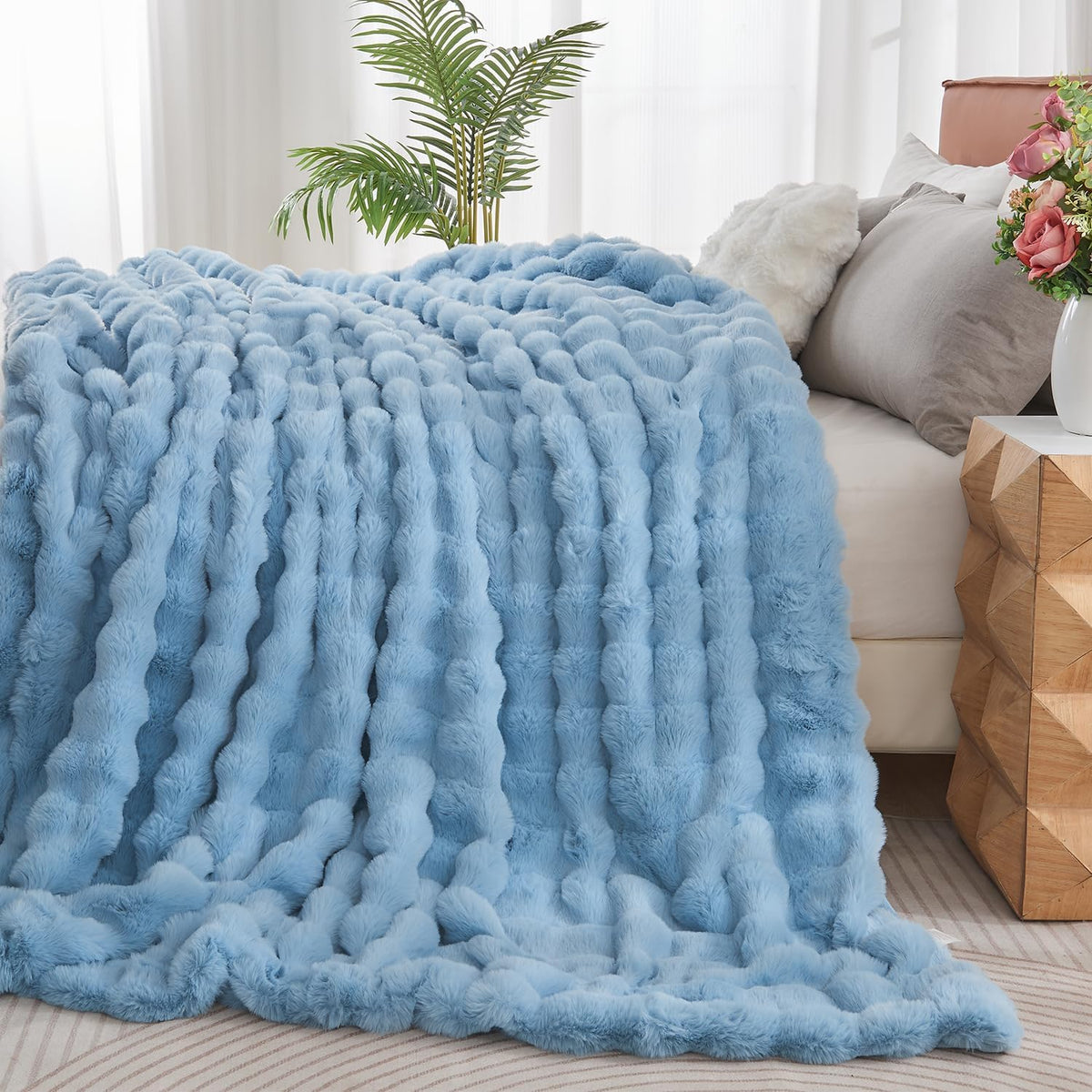 Lotus Karen Faux Fur Throw Blanket Sky Blue - Big Bubble Rabbit Fluff Blanket for Couch Bed