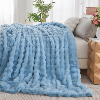 Lotus Karen Faux Fur Throw Blanket Sky Blue - Big Bubble Rabbit Fluff Blanket for Couch Bed
