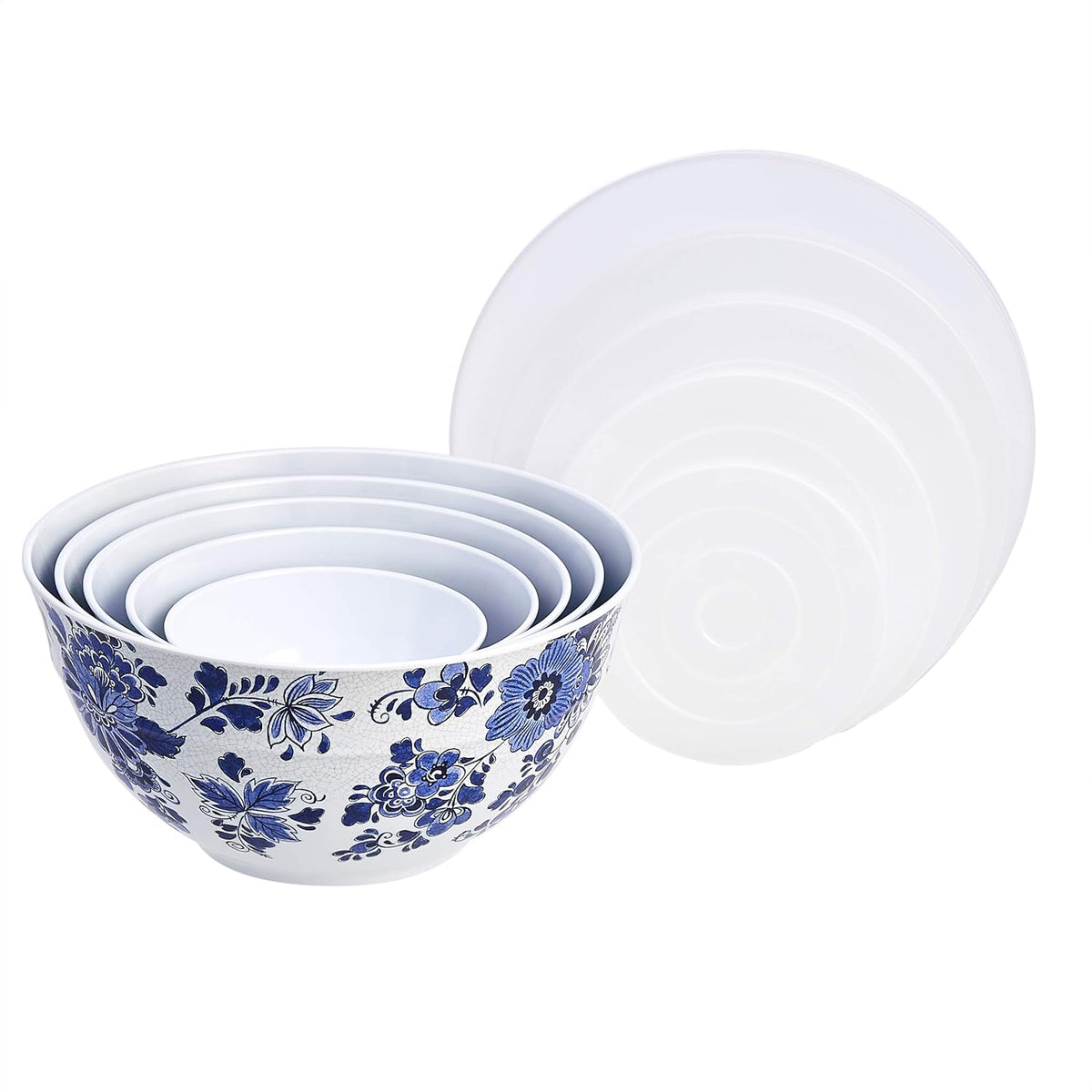 Amazon Basics Nesting Melamine Mixing Round Bowl with Lid and Non-Slip Base, 5 Sizes, Blue and