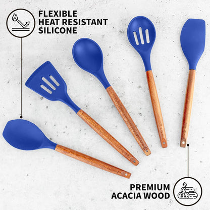 Zulay Kitchen Non-Stick Silicone Cooking Utensils Set with Acacia Wood Handles - 5 Piece Set - Heat
