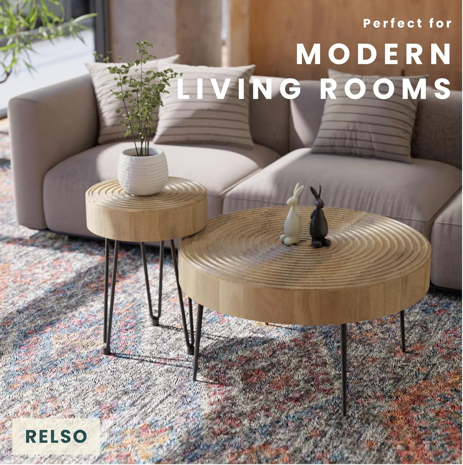 Relso Aspen Round Nesting Coffee Table Set of 2 – Solid Wood Nesting Tables with Metal Legs