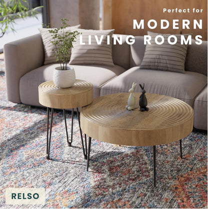 Relso Aspen Round Nesting Coffee Table Set of 2 – Solid Wood Nesting Tables with Metal Legs