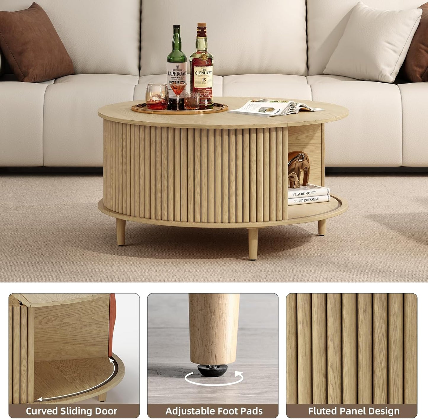 Round Coffee Table with Storage,Mid Century Modern Dining Table with Sliding Cabinet Door for