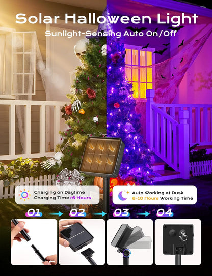 Brightown Solar Operated C6 Halloween Outdoor Lights, 22.64ft 50 LEDs Purple Halloween Lights