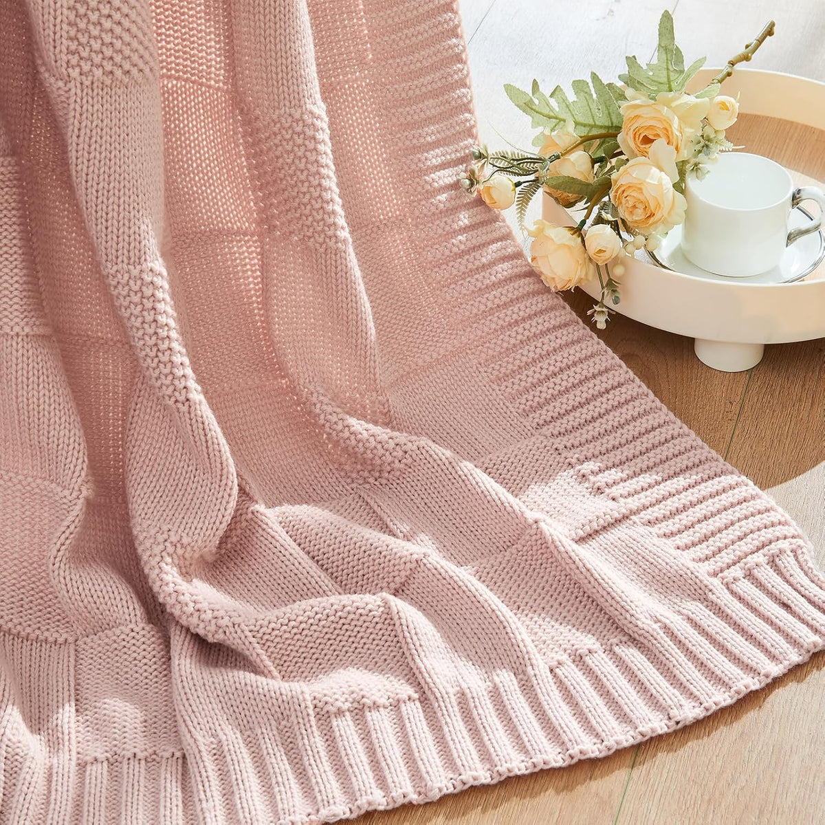 CozeCube Check Knit Throw Blanket, Pink Checkered Throw for Couch, Decorative Christmas Soft Cozy