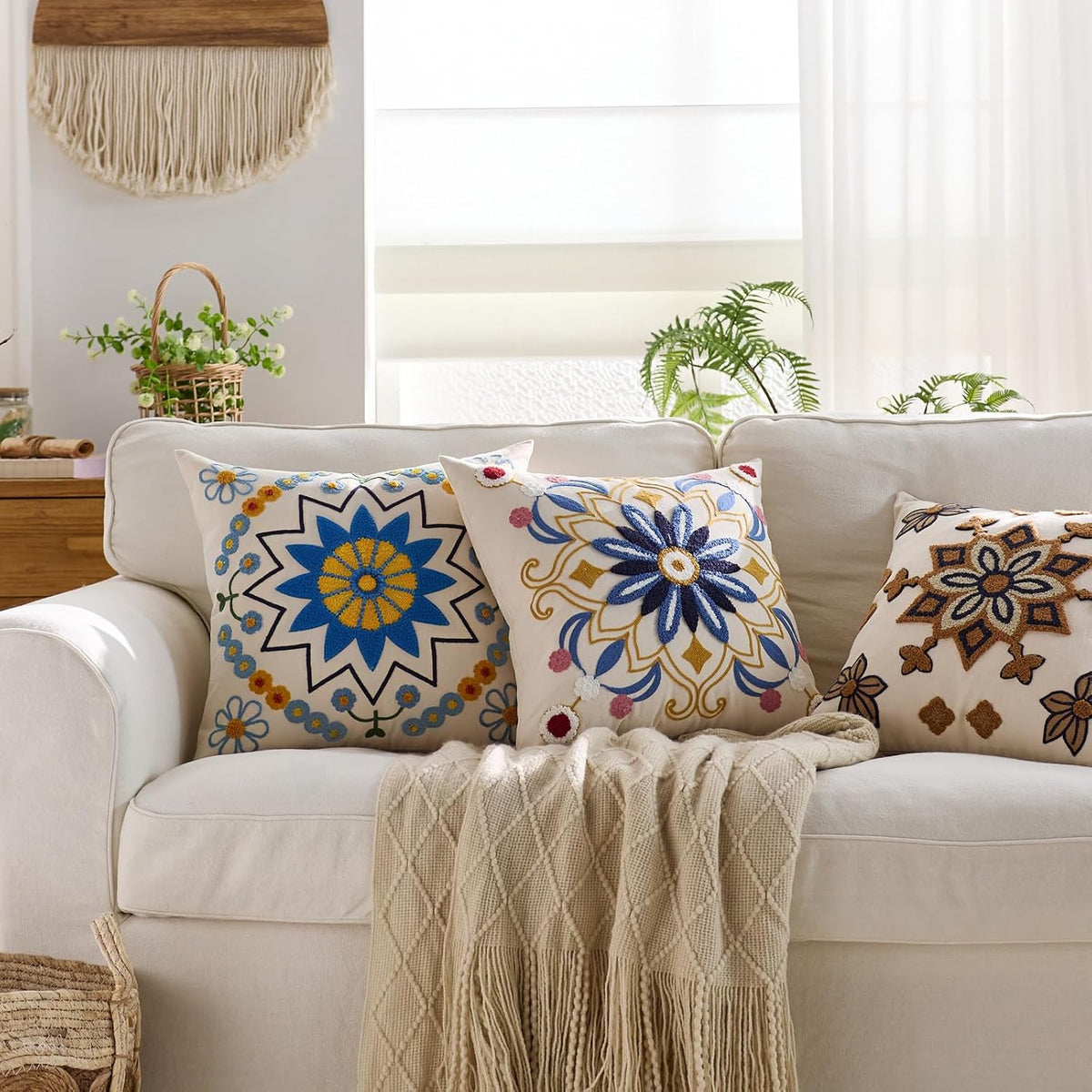 Embroidered Throw Pillow Cover 18x18 Classic Boho Floral Pattern Pillows Cover Outdoor Decorative