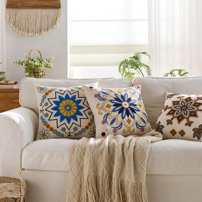 Embroidered Throw Pillow Cover 18x18 Classic Boho Floral Pattern Pillows Cover Outdoor Decorative