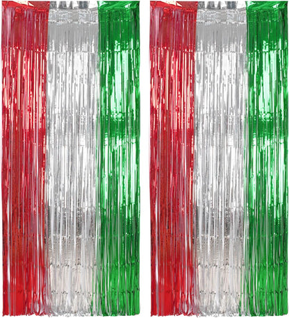 BRAVESHINE 2 Pack Fringe Backdrop Red Silver Green Christmas Party Decorations 3.2 x 6.6 ft Tinsel