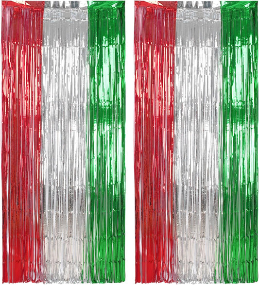 BRAVESHINE 2 Pack Fringe Backdrop Red Silver Green Christmas Party Decorations 3.2 x 6.6 ft Tinsel
