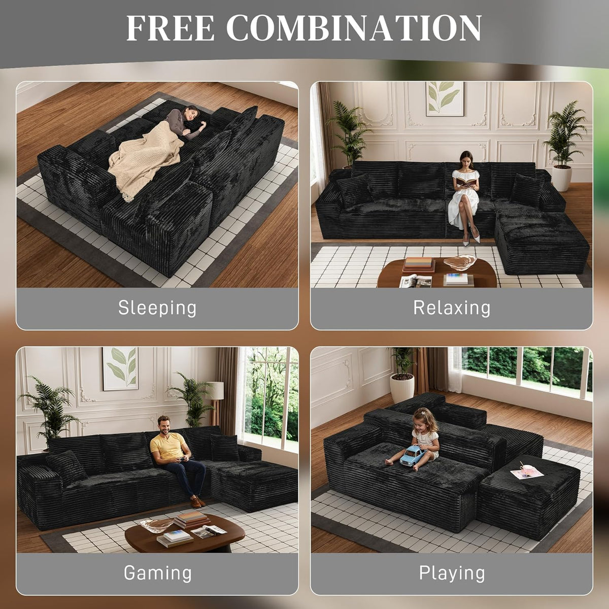 Modular Sectional Sofa Cloud Sectional Couch, 135" Comfy Fluffy L Shaped Black Couches for Living