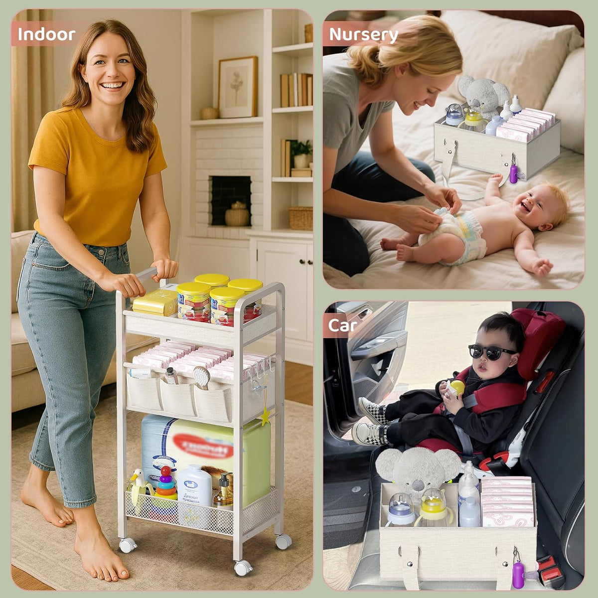 Baby Diaper Caddy Organizer and Storage,2In1 Baby Cart Organizer-Baby Diaper Caddy+3 Tier Rolling