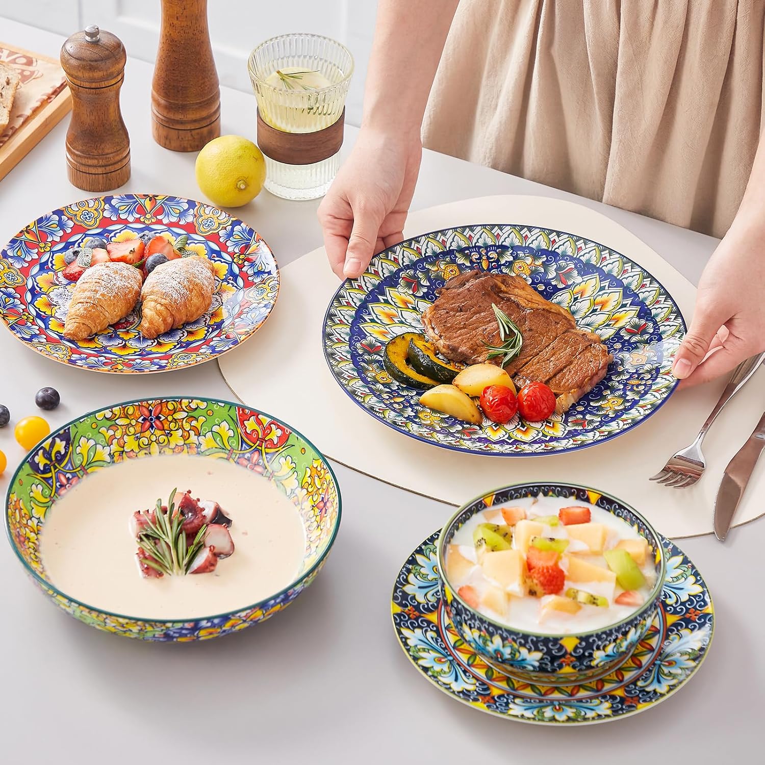 vancasso 24 Pieces Dinnerware Sets, Plates and Bowls Set, Porcelain Dishes Set for 6, Microwave and