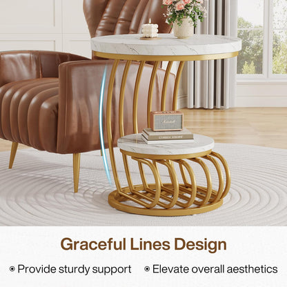 Tribesigns Gold Round End Table: 2 Tiers Faux Marble Side Table with Storage Shelf, Modern White