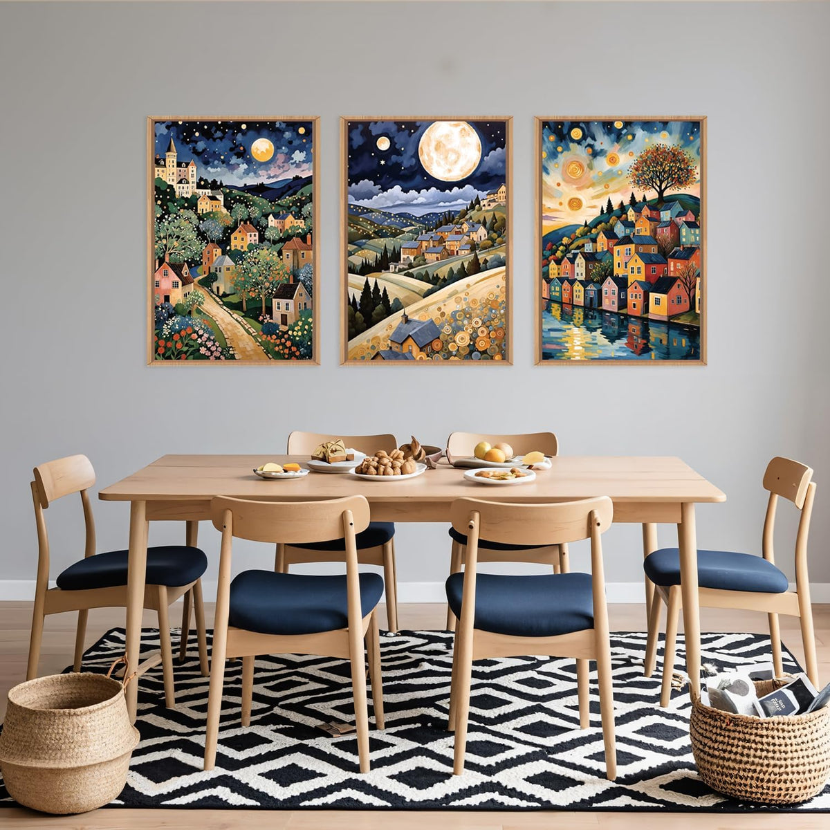 LHIUEM Large Abstract Colorful Framed Canvas Wall Art,Retro Night Village Wall Decor,Natural Moon