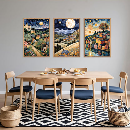 LHIUEM Large Abstract Colorful Framed Canvas Wall Art,Retro Night Village Wall Decor,Natural Moon