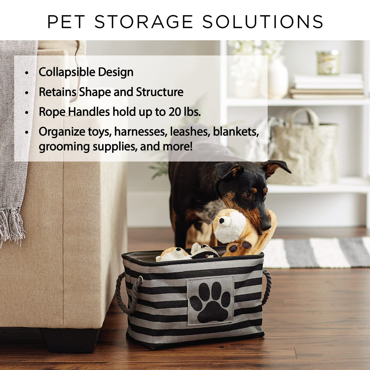 Bone Dry Pet Storage Collection Striped Paw Patch Bin, Large Rectangle, Navy