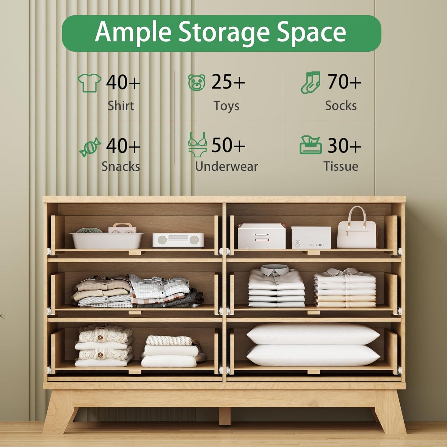 Fluted Dresser for Bedroom with 6 Drawers, 48" Wide Modern Chest of Drawers with Metal Handle