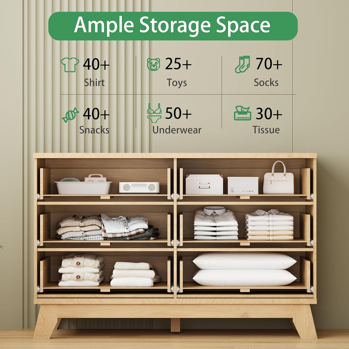 Fluted Dresser for Bedroom with 6 Drawers, 48" Wide Modern Chest of Drawers with Metal Handle