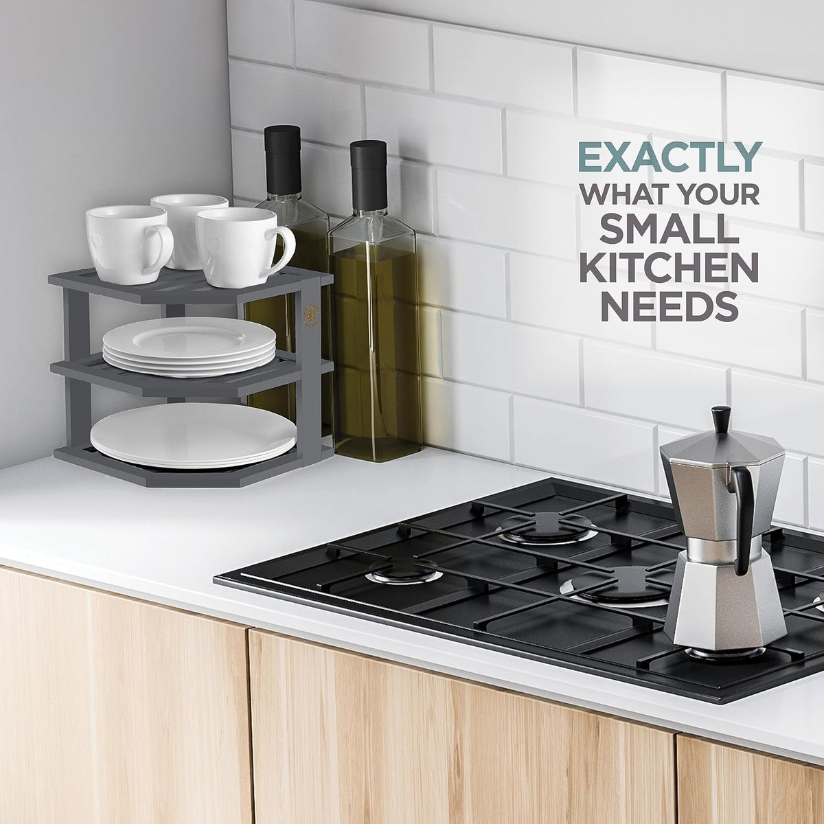 Cabinet Organizer Shelf - Bamboo Corner Rack for Kitchen Counter, Cabinet Space Saver for Plates