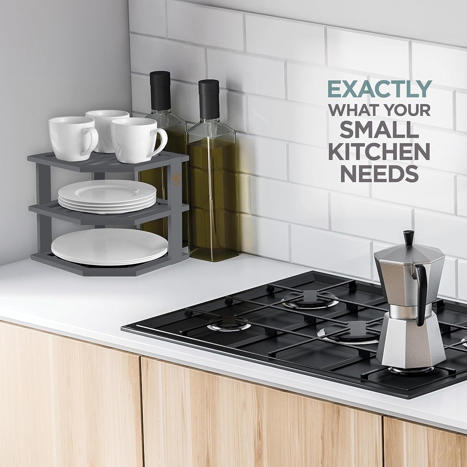 Cabinet Organizer Shelf - Bamboo Corner Rack for Kitchen Counter, Cabinet Space Saver for Plates