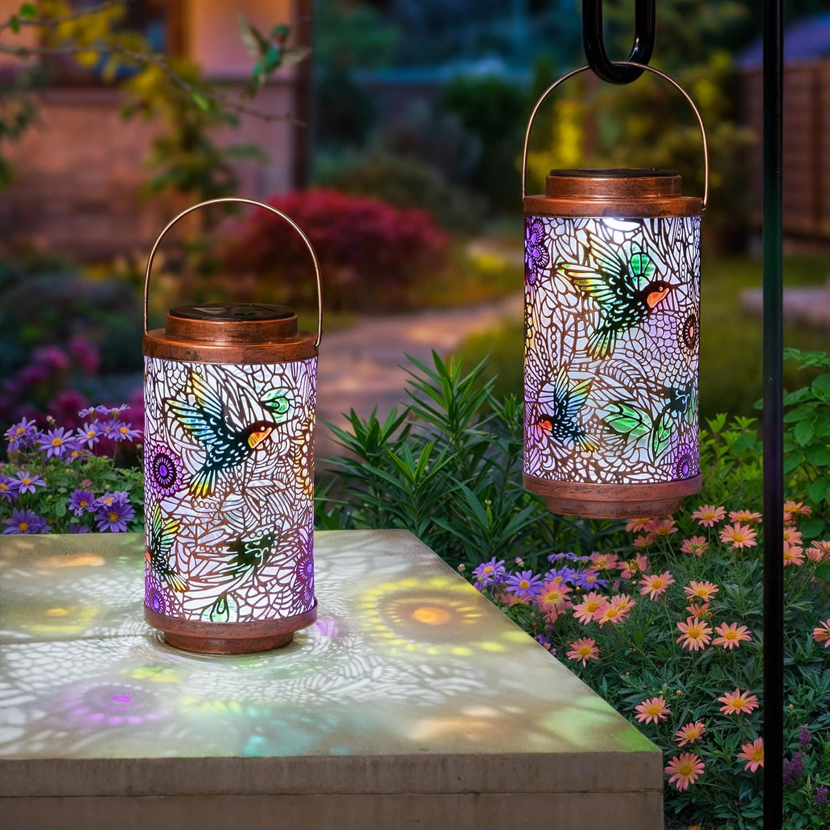 2Pack Solar Lanterns Outdoor Waterproof Hummingbird Colorful Garden Gifts for Mom, Multicolor Solar